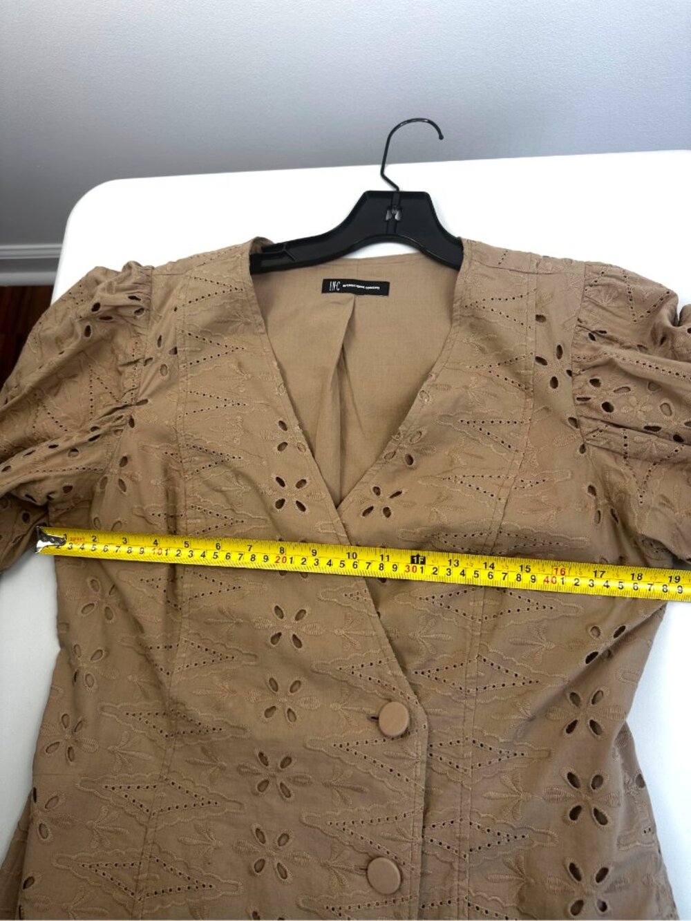 INC International Concepts Eyelet Dress Brown Tan Puff Sleeve Button Front Cotto - Picture 3 of 5
